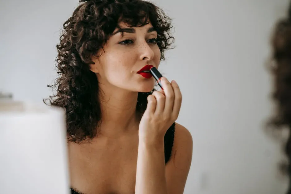 Crop gentle woman making up lips in front of mirror