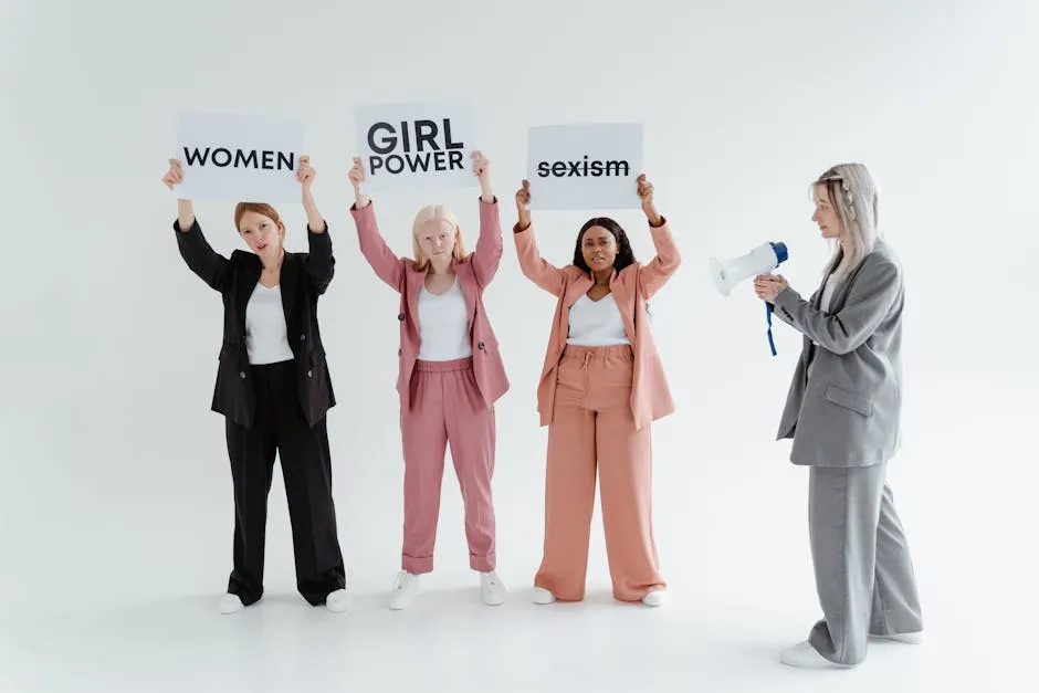 A Woman in Gray Blazer and Pants Using a Megaphone while Standing Near the Women Holding Placards