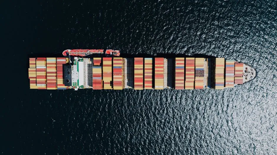 Directly Above a Fully Loaded Cargo Ship on a Sea 