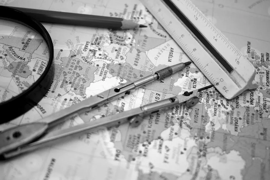 Ruler, Pen and Compass on Map