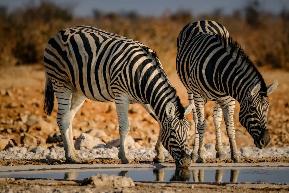 Two Zebras Drinking from Pond