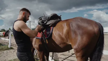 Horizontal video: Man saddling up the horse 5087757. Duration: 8 seconds. Resolution: 3840x2160