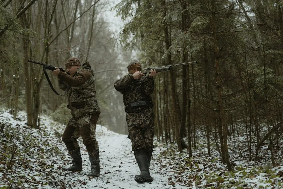 Two Men Standing in the Woods Aiming Their Rifles