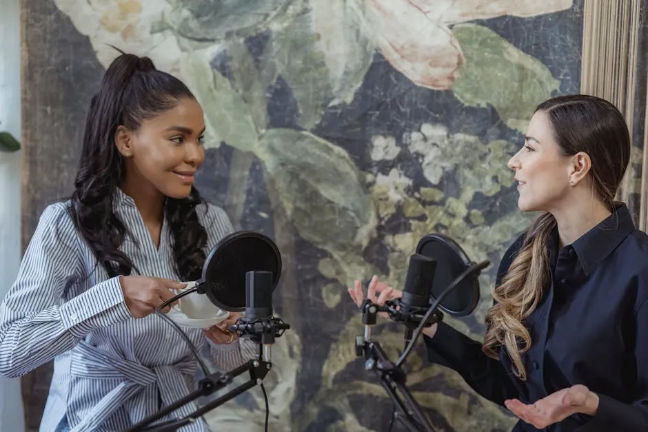 Women Having Conversation in Front of the Condenser Microphone
