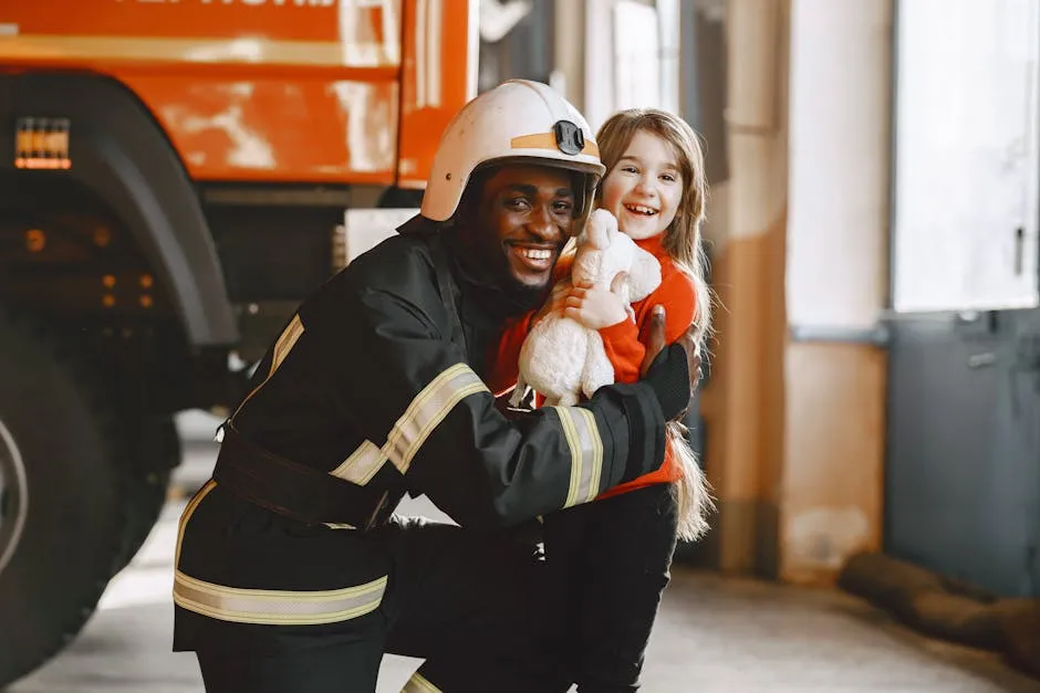 Firefighter embracing an Adorable Girl 