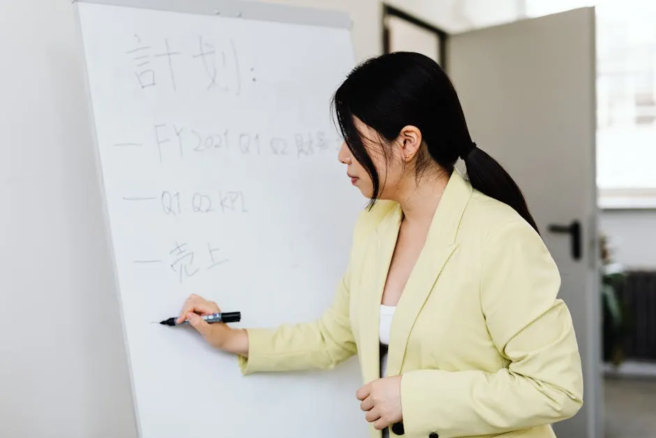 A Woman in a Blazer Writing on a Whiteboard