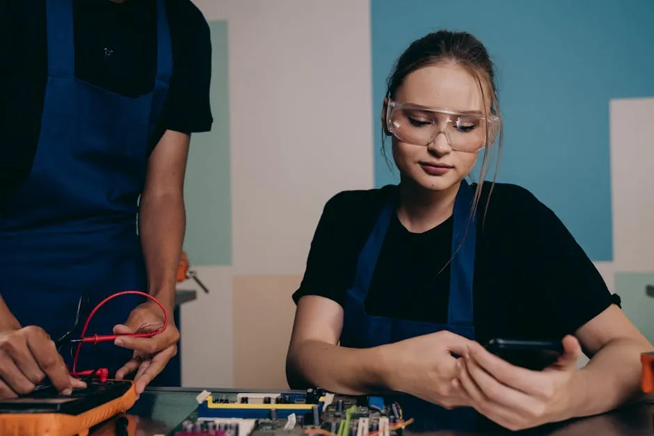 A Woman Wearing Safety Glasses while using Smartphone 