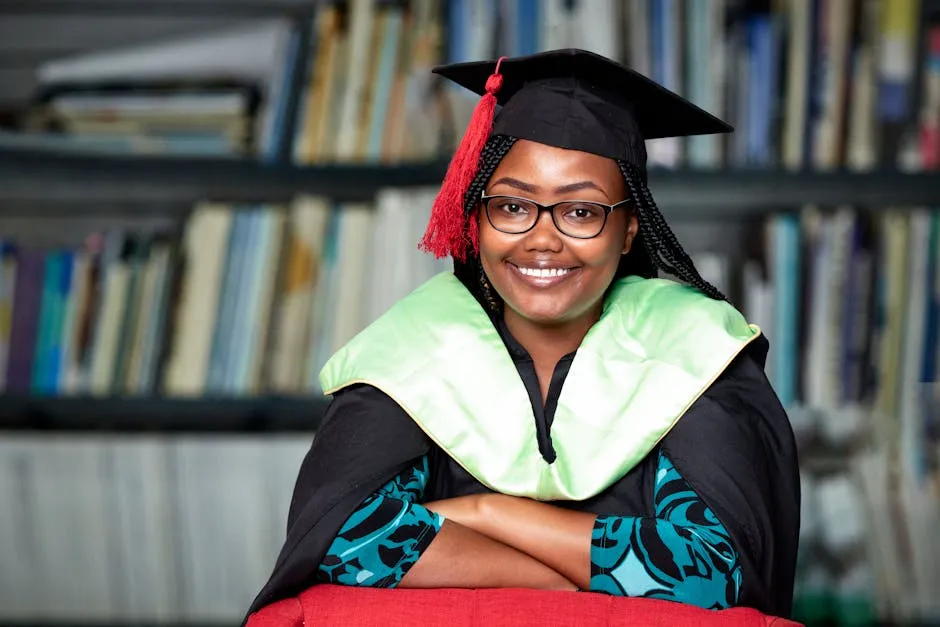 Smiling Woman in Glasses in Graduation Gown Sitting with Bookcase in Background