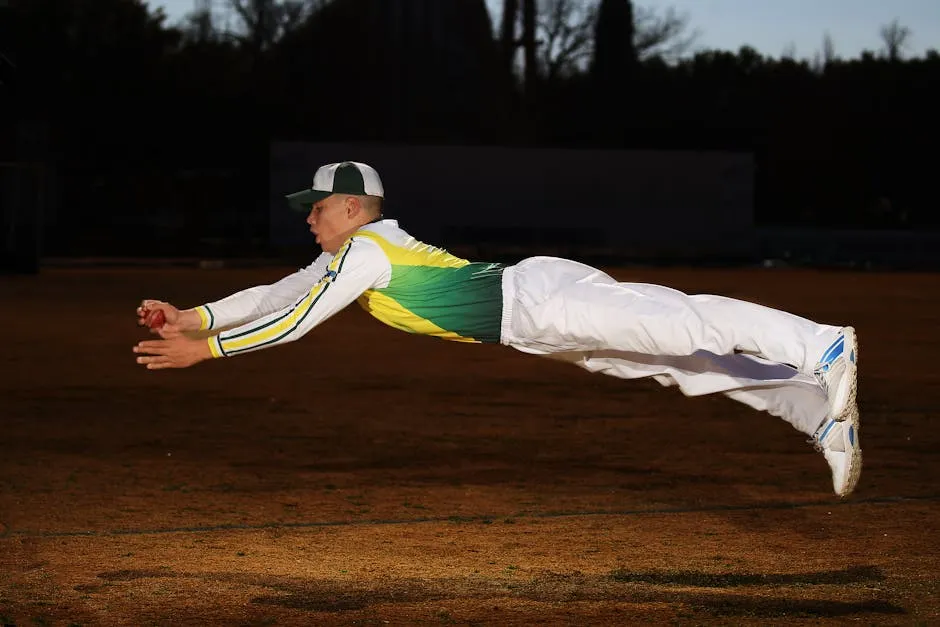 A man in a baseball uniform is diving to catch a ball