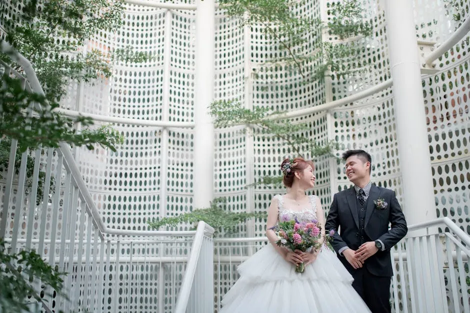 Newlywed Couple Standing in Wedding Dress and Suit