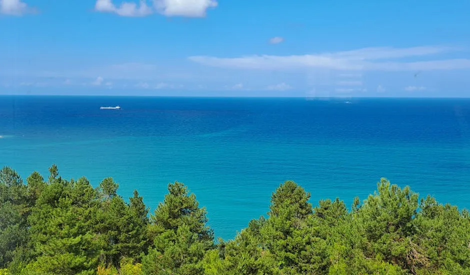 Scenic View of Ocean with Ship on Horizon