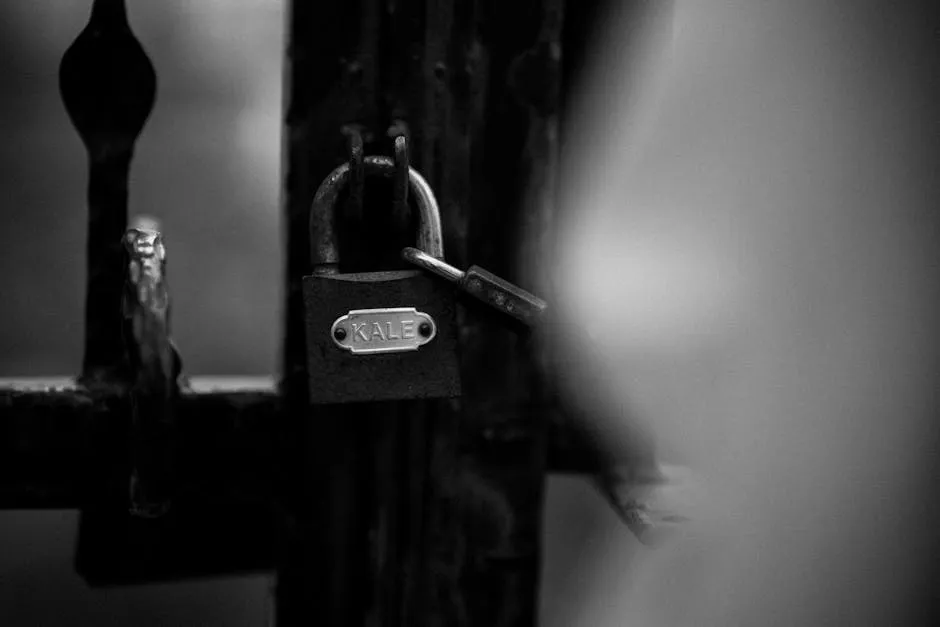 Black and White Padlock on Iron Fence Close-Up