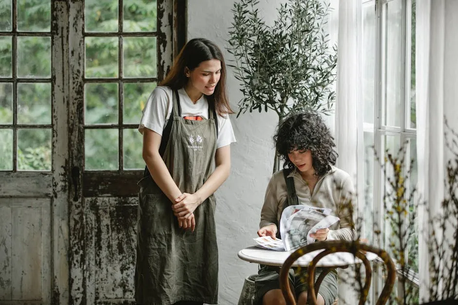 Focused customer with menu and waitress in cafe