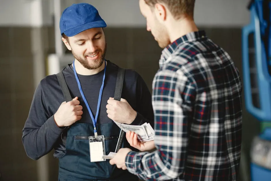 Man in Plaid Shirt Giving Money to Bearded Man in Blue Cap and Overall