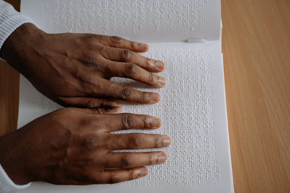 Hands on Open Book in Braille Alphabet