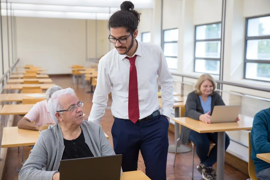 Man Conducting Classes for Elderly People Learning to Use Computers 