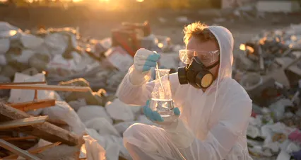 Horizontal video: Man wearing personal protective equipment observing the water on the erlenmeyer flask 8829373. Duration: 15 seconds. Resolution: 4096x2160