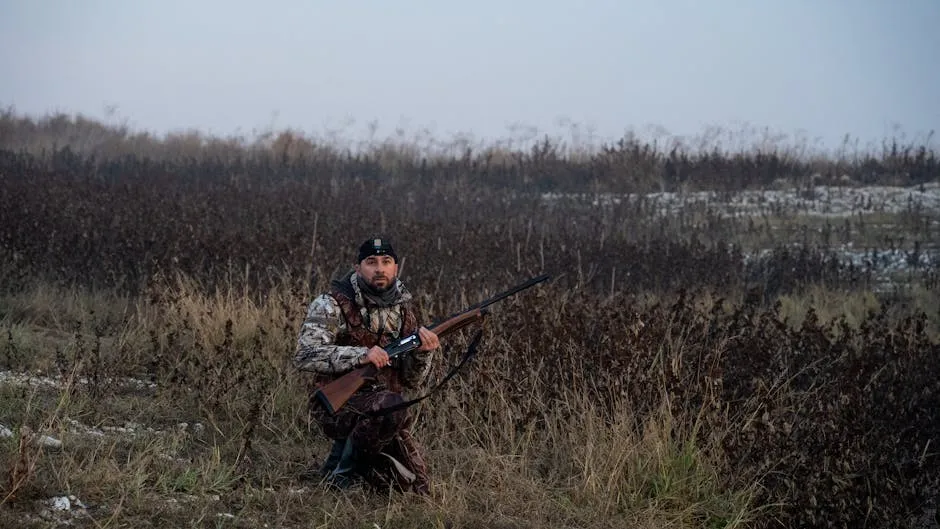 Man Wearing Camouflage Clothing Crouching with a Rifle in a Grass