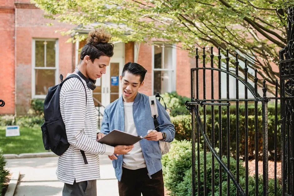 Multiethnic students standing in gate and reading document