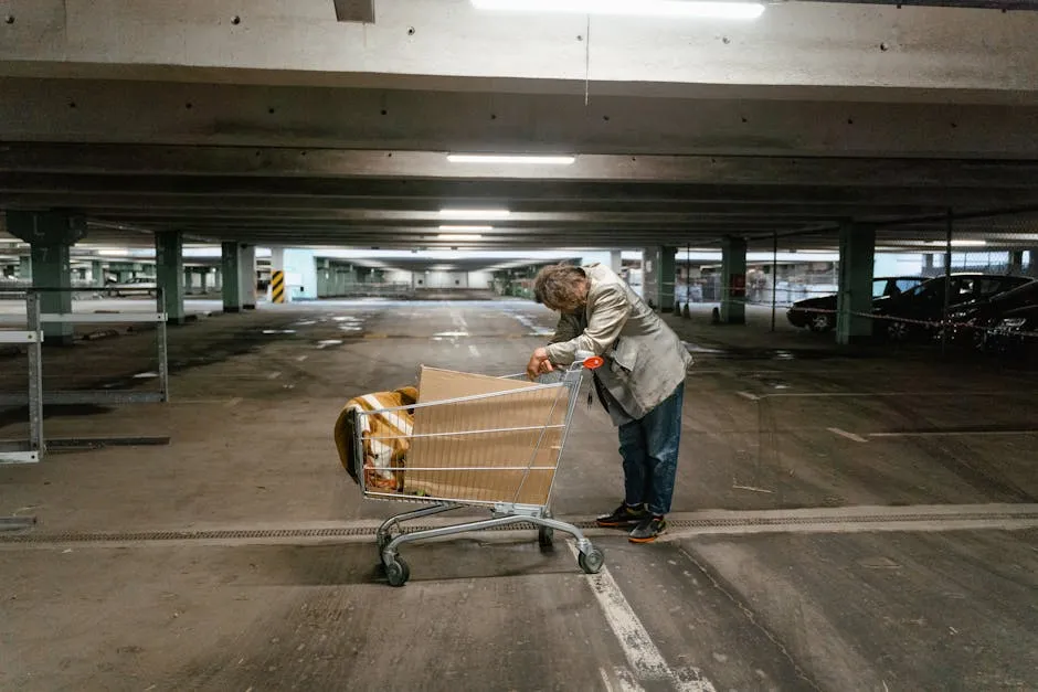 Sad Homeless Man leaning on his Pushcart