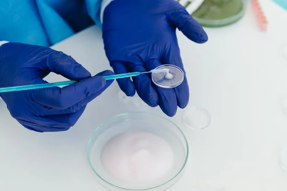 A Hand Wearing Medical Gloves Putting Liquid on a Petri Dish