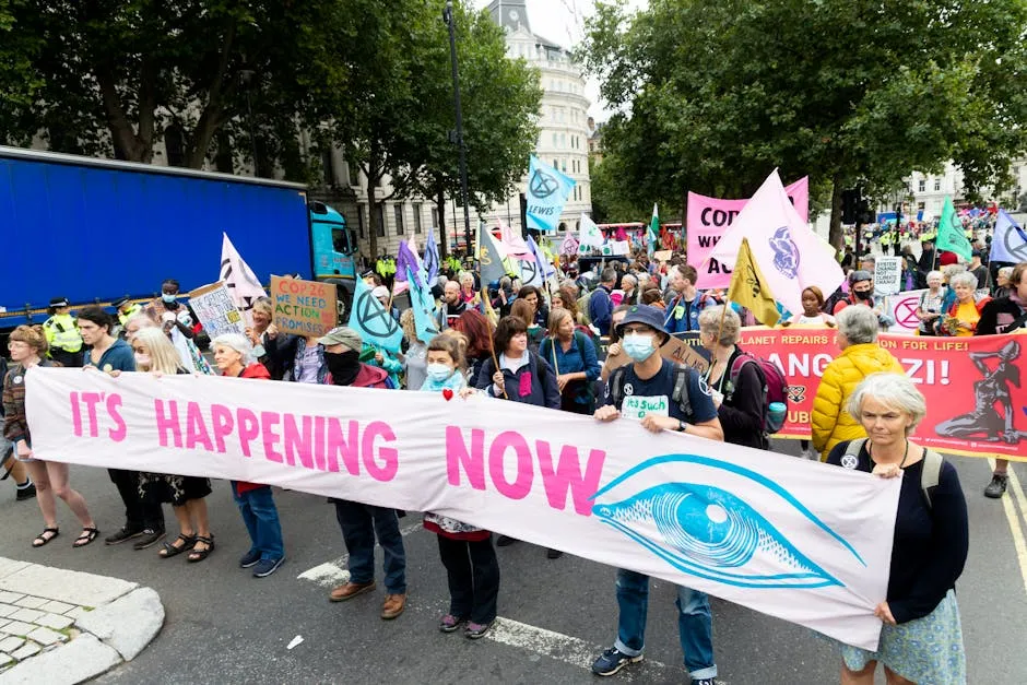 Demonstration of people wearing masks with placards and banners