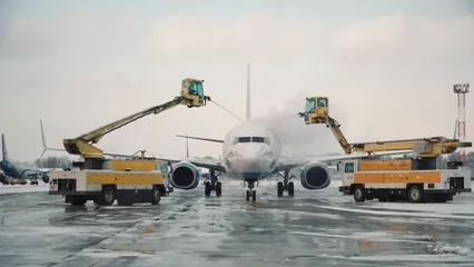 Horizontal video: Machines deicing airplane 11451052. Duration: 13 seconds. Resolution: 3840x2160