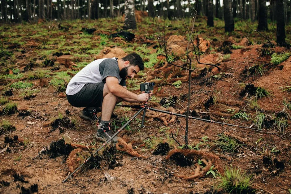 Man Installing Camera on Ground in Woodland