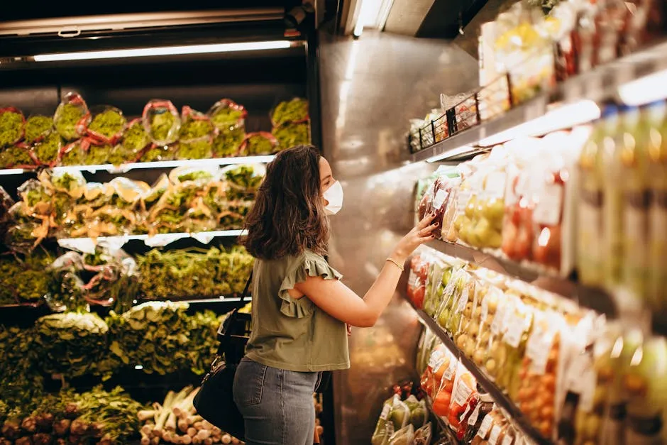 Woman Browsing through Groceries on a Shelf in a Supermarket 