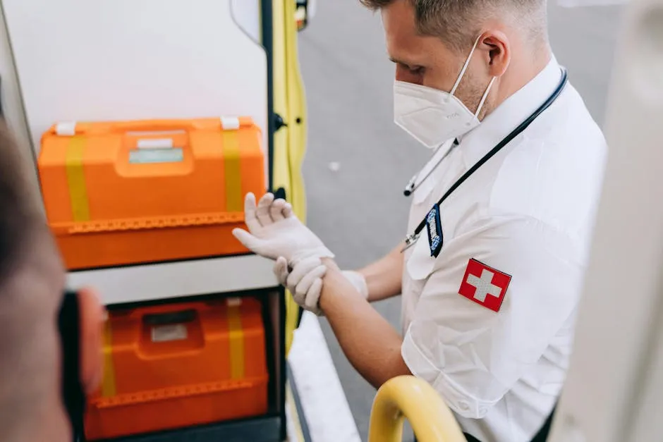 Paramedic in Face Mask Putting On Rubber Gloves