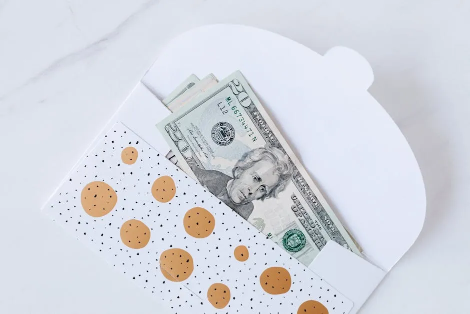 Money envelope with American dollar banknotes on white surface