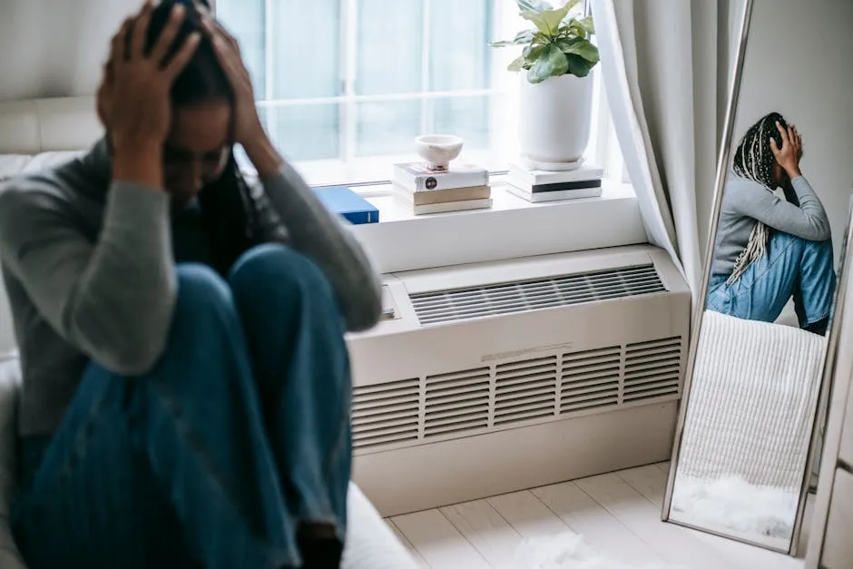 Frustrated young female having mental problem reflecting in mirror while sitting alone in room