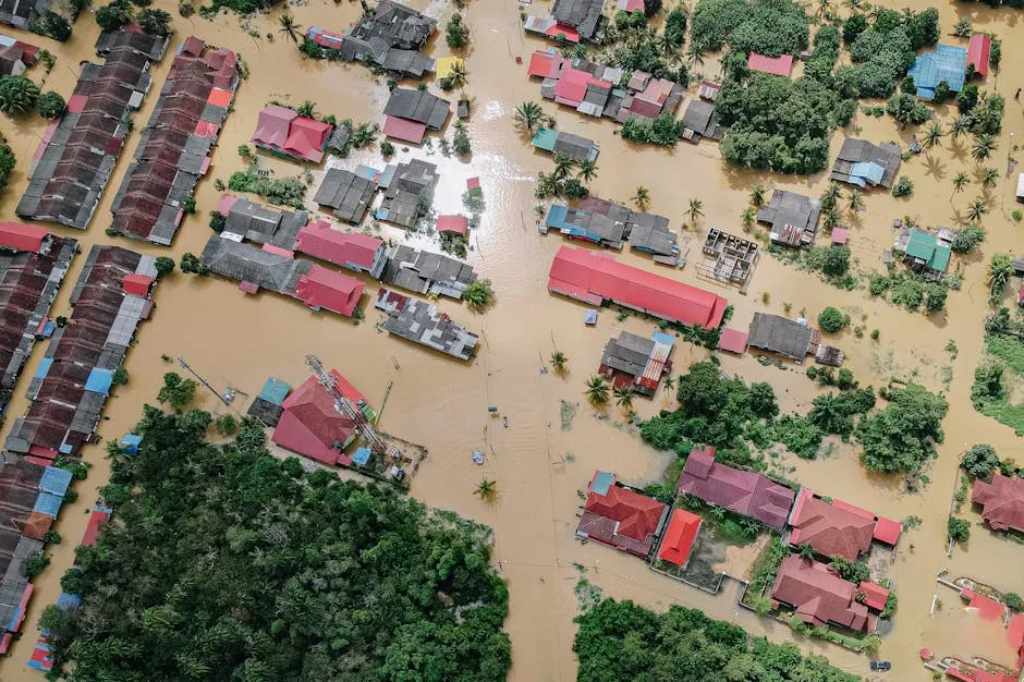 Flooded small village with houses