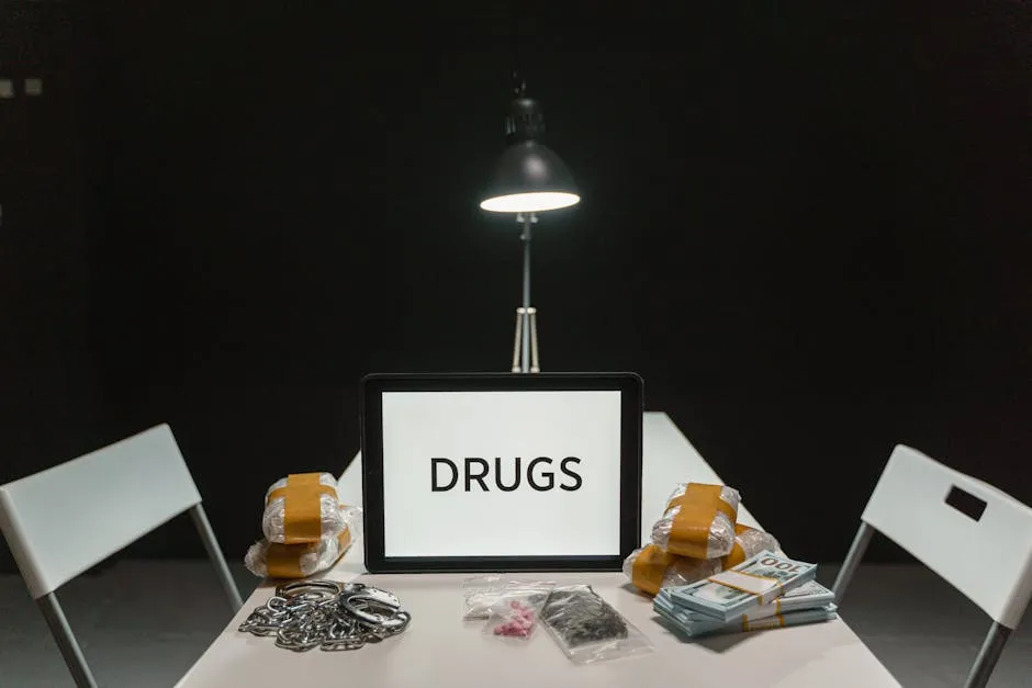 Packs of Illegal Drugs and Paraphernalia on Table