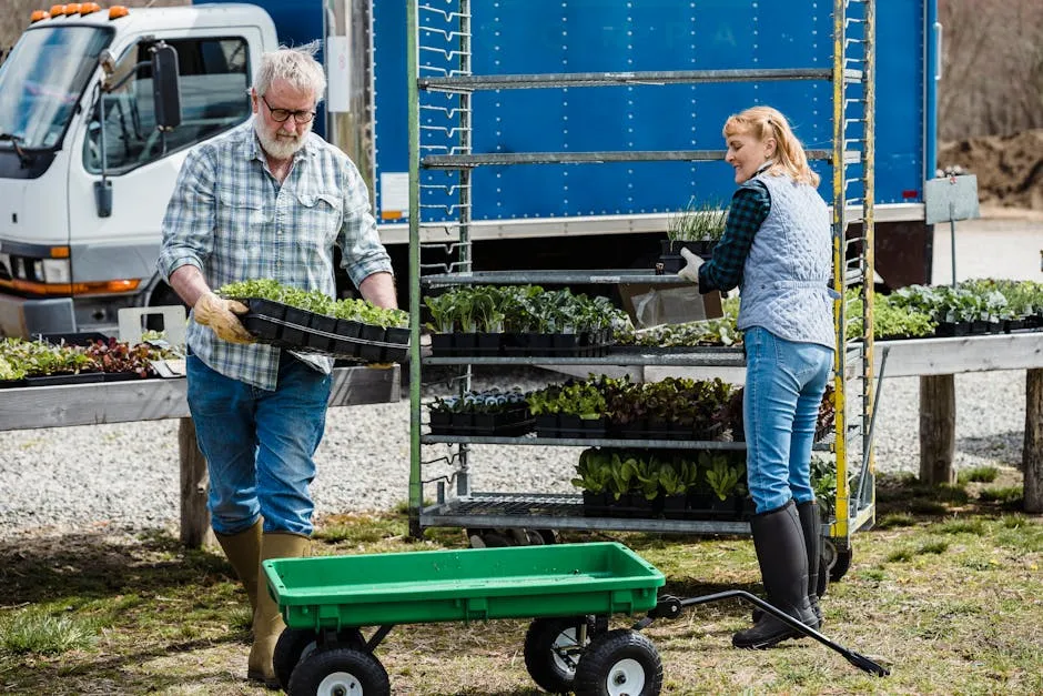 Middle aged couple of farmers in casual clothes and gloves carrying boxes with various fresh vegetables and lettuce in farm on sunny day