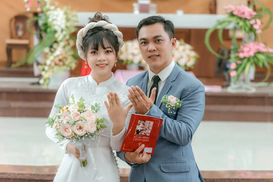 Just Married Bride and Groom Showing Rings and Marriage Certificate