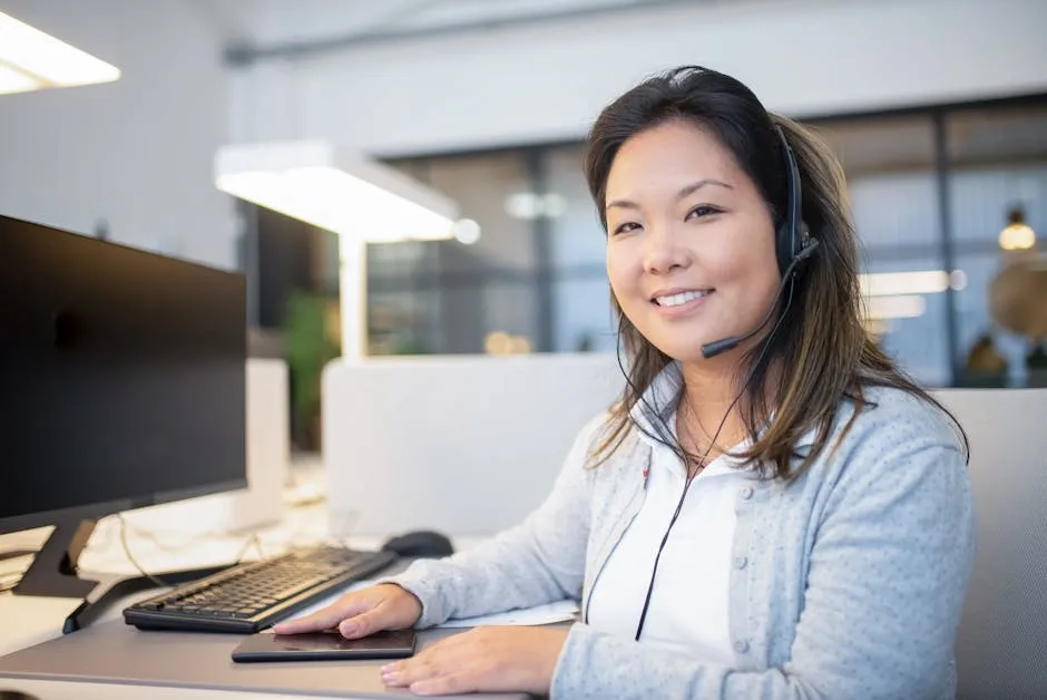 Smiling call center agent wearing a headset while working at her desk in a modern office setting.