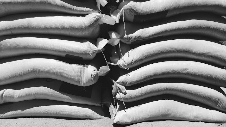 Grayscale Photo of Stack of Sack