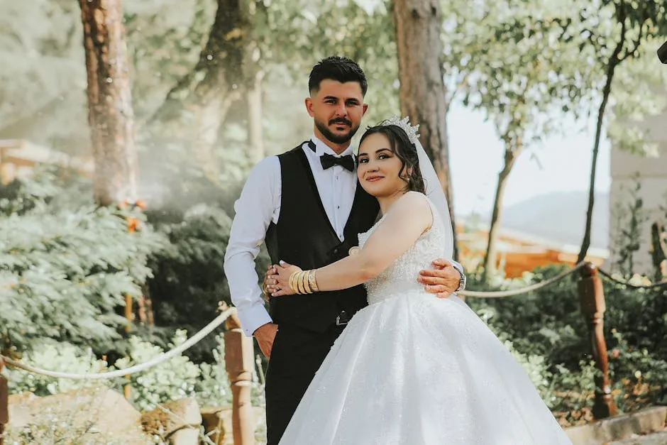 The Bride and Groom Embracing in a Park 