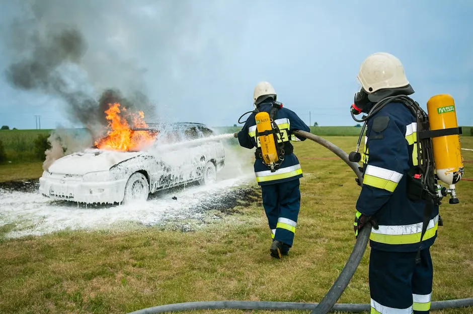 Firemen Spraying on Flaming Vehicle