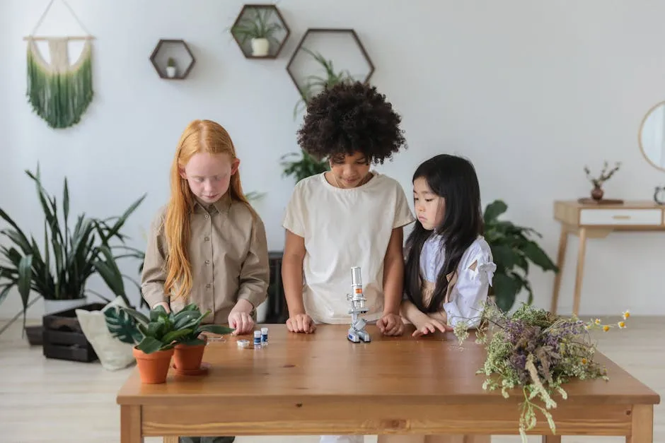 Concentrated multiethnic little girls standing near wooden table with microscope in cozy room