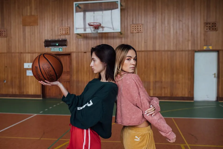 Woman in Black Long Sleeve Shirt Holding Basketball Beside A Woman In Pink Long Sleeve Shirt