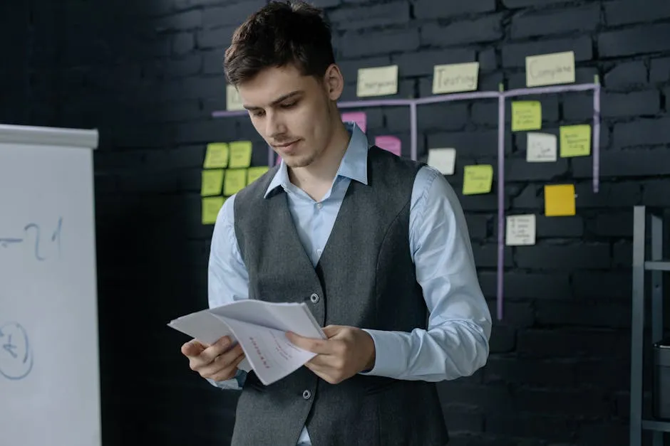 Man Looking at Documents on the Background of a Wall with Sticky Notes in an Office 