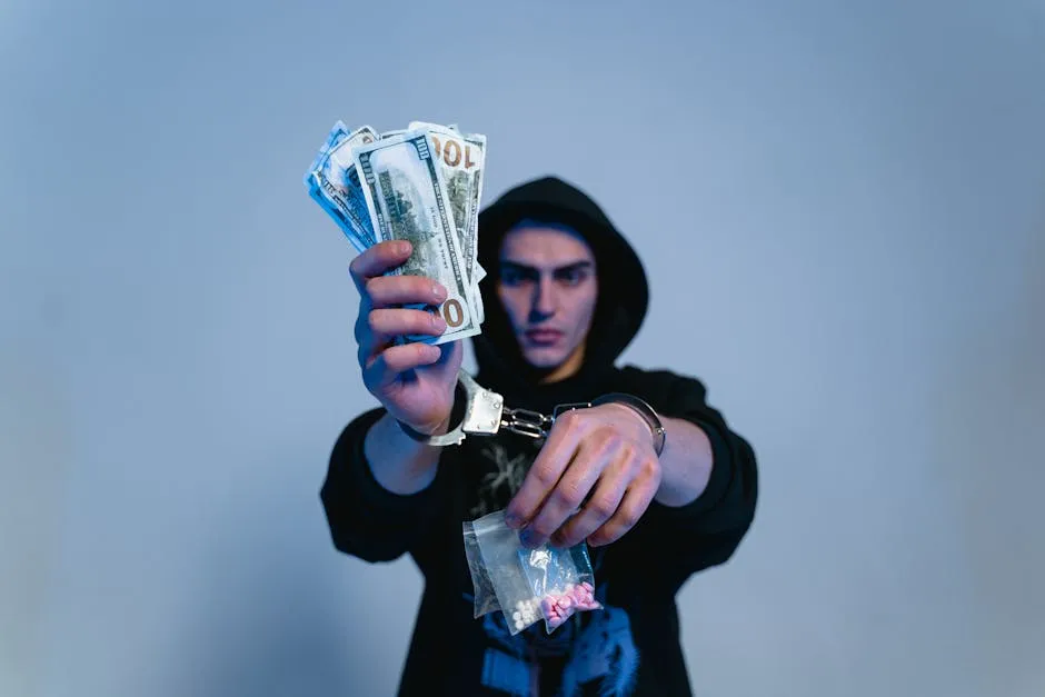 A Man in Black Hoodie Sweater Wearing Handcuffs while Holding Money and Drugs