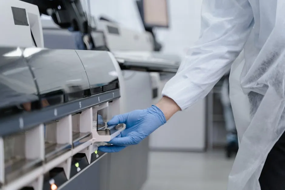 Person in Lab Coat and Latex Glove pulling a Drawer  