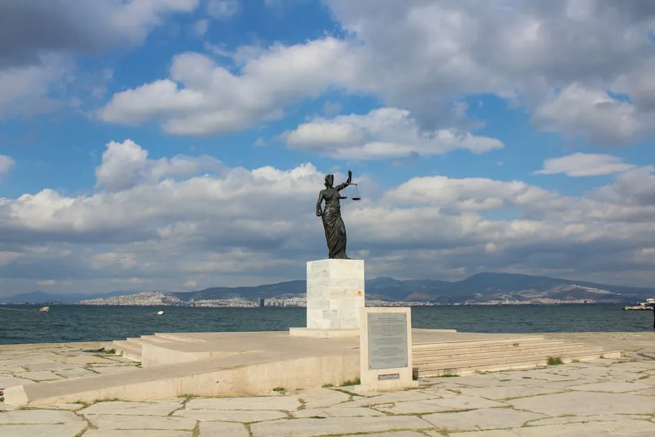 Statue of Lady Justice on Sea Shore