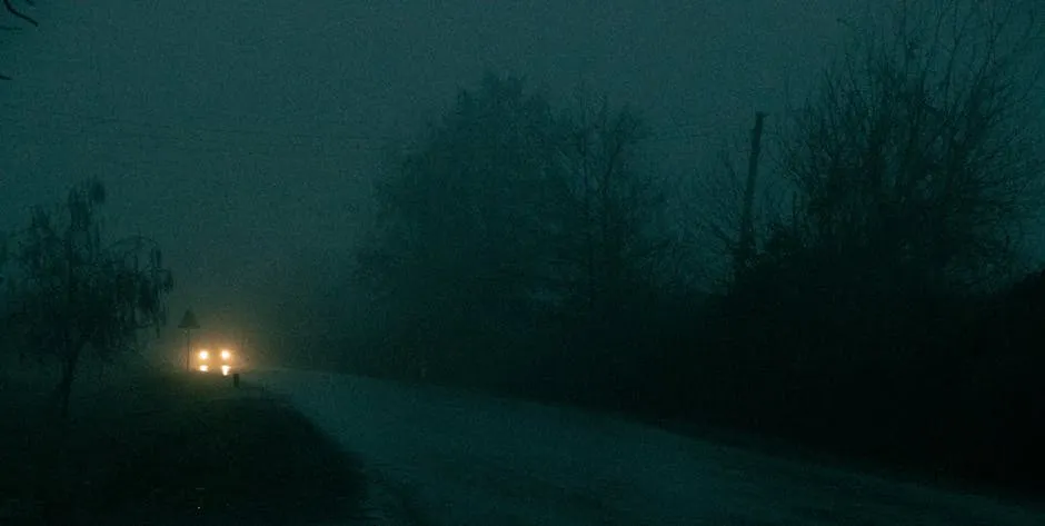Headlights on Road in Fog at Night