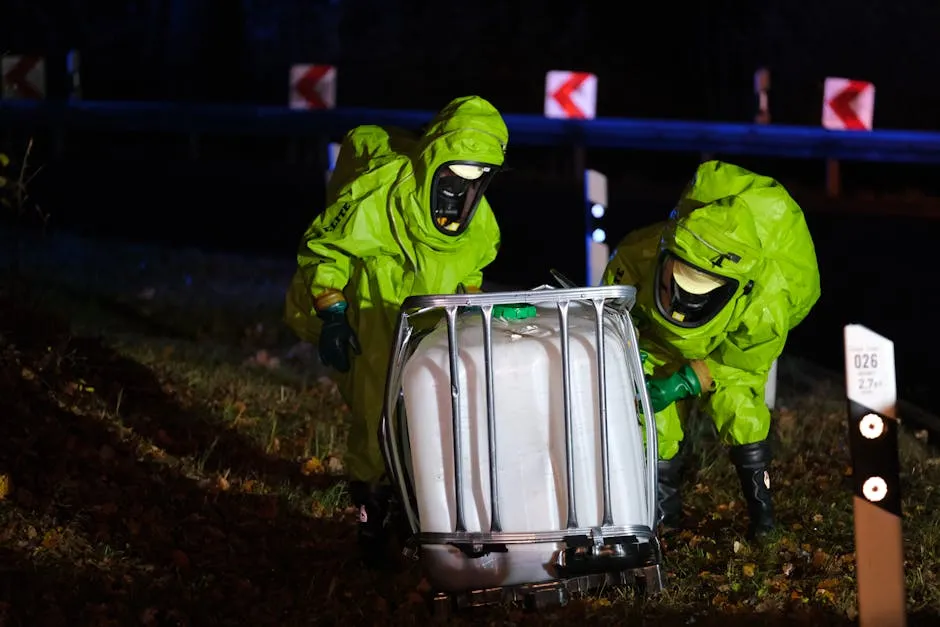 Firefighters in Hazmat Suits Securing a Damaged Container on the Roadside