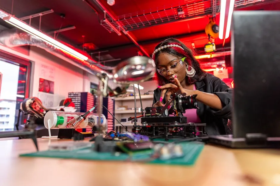 Young Woman in a Repair Shop Fixing a Digital Camera 