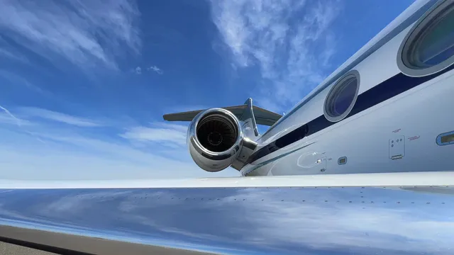 Horizontal video: Elegant jet in blue sky with turbine view 28586476. Duration: 11 seconds. Resolution: 3840x2160